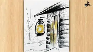 How to draw Glowing Lantern Sketch | Charcoal & Color Pencil Tutorial | Easy Cabin Drawing