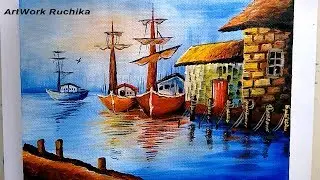 Boats in Harbour Painting | Time Lapse Painting | Seascape Painting | Acrylic Painting