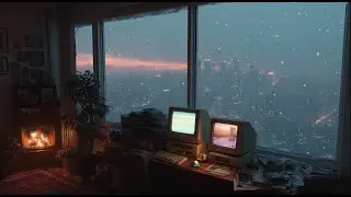 Cozy Retro Winter Apartment Ambience – Snowfall & Fireplace