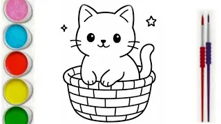 Drawing and coloring A Cute Cat In The Basket🧺Easy For kids