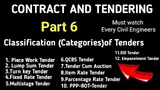 Classification of Tenders || Part -6 || Piece work,items rate,Percentage rate,PPP-BOT & Fixed etc.