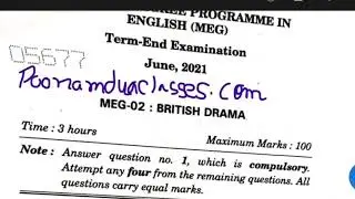 MEG 02 BRITISH drama Question paper 2021 August IGNOU MA ENGLISH