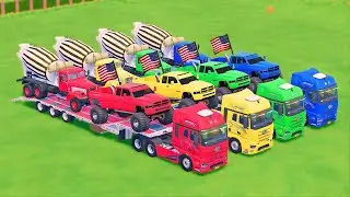 TRANSPORTING MIXER TRUCK, DODGE, SCANIA, COLORFUL CARS WITH TRUCK - FS22