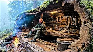 I Built A Cozy Survival Shelter Under Giant Spruce Roots (Winter Forest)