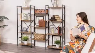SUPERJARE Triple 4 Tier Bookshelf, Bookcase with 11 Open Display Shelves, Vintage Brown