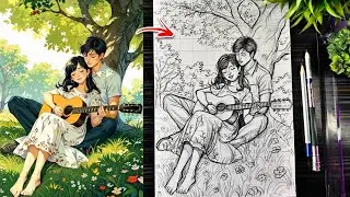How To Draw Romantic Couple Playing Guitar Under Tree, Couple Drawing  Pencil Sketch, Step By Step