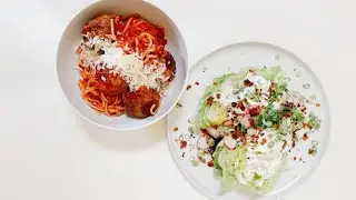 Pasta w/ Meatballs, Marinara, Parm, + Wedge Salad w/ Blue Cheese Dressing, Bacon, Scallions & Radish