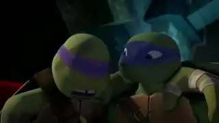 Leo, Raph, and Mikey laugh at Donnie because he is hurt by a monkey