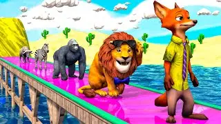 Long Slide Game With Elephant Gorilla Buffalo Hippopotamus Tiger - 3d Animal Game - Funny 3d Animals