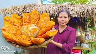 Rural girl Monta cooks deep fried bread with shrimps for family [ countryside family cooking]