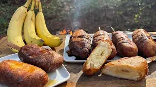 Deep Fried Bananas Over Fire 🍌🔥 | Sweet Campfire Treat!