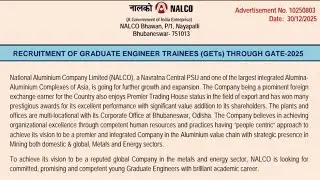 NALCO Recruitment of Graduate Engineer Trainees ll Salary Package ll Fees ll Syllabus Total Vacancy 