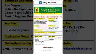 Punjab and Sind Bank Recruitment 2025 | New Vacancy 2025 | Daily Job Alerts #shorts