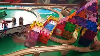 Jenga City 23 - Trains love to go through beautiful magnetic tile building round and round.