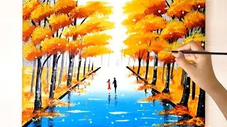 Painting a Couple in Yellow Autumn Park/ Acrylic Painting Techniques/ Satisfying ASMR #219