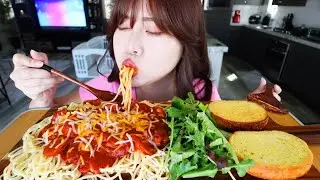 SPAGHETTI MUKBANG 먹방 & Garlic Bread with Salad (BIG BITES, NOODLE SLURP, PASTA EATING)