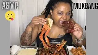 ASMR SNOW CRAB LEGS & SMOKE NECK BONES W/FRIED SHRIMP BOIL/CHEESE ALFREDO SAUCE NO TALKING😋MUKBANG!
