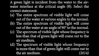 A green light is incident from the water to the air- water interface at the critical a OP DTS 12 Q2