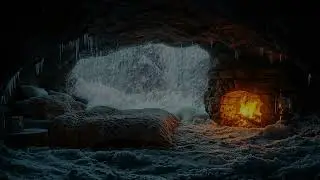 Snowstorm Cave Sleep Ambience ❄️ | Cozy Fire Crackling & Wind | ASMR | DEEP SLEEP