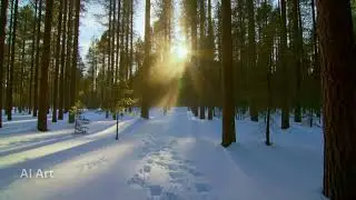 Footprints in Fresh Snow Through Pine Forest 🌲❄️ Golden Sun Rays & Long Shadows | AI Winter Nature