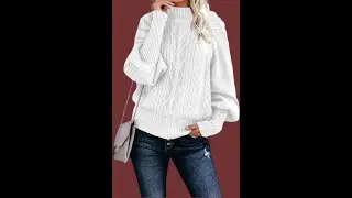Dokotoo Womens High Neck Cable Knit Balloon Long Sleeve Sweaters Solid Loose Pullovers Sweaters Casu