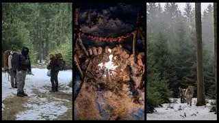 Winterlager und Roast Beef über dem Feuer