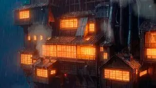 8 Hours Spirited Away Ambience | Cozy Bathhouse at Night, Rain & Warm Lights | No Music
