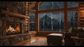 Cozy Cabin Fireplace with Rain Sounds | Relaxing Mountain Ambience (4 Hours)