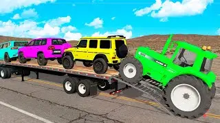 Triple Flatbed Trailer McQueen Transportation with Truck - Speedbumps vs Cars vs Train - BeamNG #46