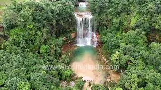 The breathtaking drone view of Moopun Waterfalls in Meghalaya.