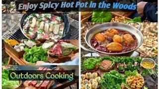 Outdoors Cooking: Delicious Corn & Shrimp Stuffing Recipe! Enjoy Spicy Hot Pot in the Woods
