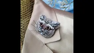 Grey British Short Hair Cat brooch pin. Cat Face Pin. Британский вислоухий кот брошь.Crystal Cat Pin