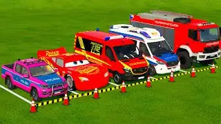 TRANSPORTING POLICE CARS, MCQUEEN CAR, AMBULANCE EMERGENCY CAR WITH TRUCKS ! Farming Simulator22 #2