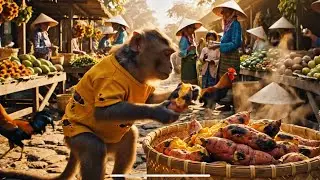 Smart Little Monkey Bim Bim Roasts Sweet Potatoes and Sells Them at the Market