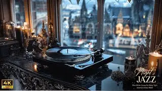 Midnight Snow Jazz on a Rooftop | Piano Lounge with Castle Ambience, Candles & Ambient City Lights❄️