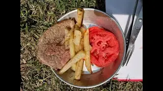 Mess Kit Canteen- Cooking Steak and home fries in a vintage Boy Scout Cook set.
