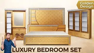 Luxury Golden Bedroom Set | Designer Bed, Dressing Table & Showcase | Classic Furniture