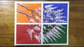 Square Background Cherry Blossom Painting / Acrylic Painting / Using Masking Tape and Cotton Swabs