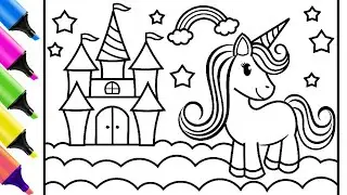Unicorn and Castle Drawing, Painting and Coloring For Kids, Toddlers || Beautiful Castle & Unicorn