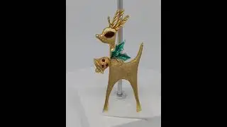 Vintage MYLU Reindeer Christmas Brooch Pin Bell Holly Red Rhinestones Gold Tone