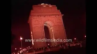 Experience a historic night view of India Gate, New Delhi, in this archival clip from the past