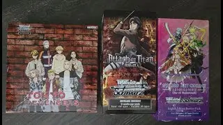 weiss schwarz 4 box opening.  tokyo revengers, attack on titan and sword art online alicization v2