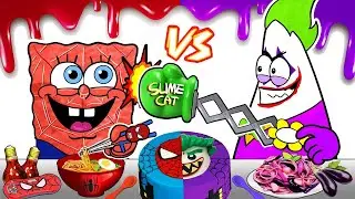 Red  Food VS Purple Food Challenge! | SPONGEBOB SPIDER-MAN | MUKBANG ANIMATION | SLIME CAT
