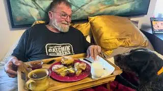 Everyman&rsquo;s breakfast in bed on a snowy morning. No dog was teased in the making of the video.