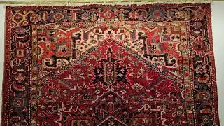 Vintage Room Size Persian Heriz in Medallion Pattern in Red, Navy Blue, Ivory, SKU 1159