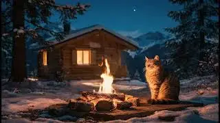 Cozy Campfire by Mountain Cabin🔥4 Hour Relaxing Fire Sounds with Peaceful Cat | No Music