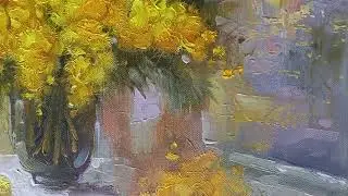 Картина маслом, цветы, букет: Аромат весенней мимозы 40х50 Oil painting: The scent of spring mimosa