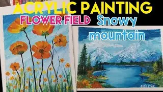 How to paint a Bob Ross inpired acrylic landscape painting Winter Mountain. Acrylic FLOWER FIELDS