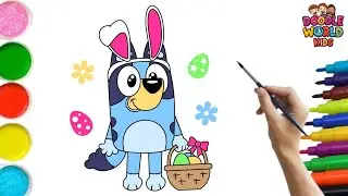 How to Draw Cute Bunny Bluey 🐶🎨 | Easy Cartoon Drawing for Kids | Doodle World Kids