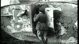 Crew and officer enter British Mark I Male tank in World War I. HD Stock Footage
